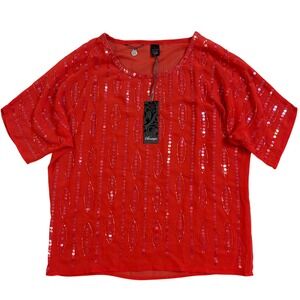 NWT BKE Boutique Womens Red Sequin Beaded Sheer Short Sleeve Blouse Top Large